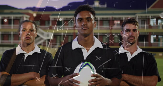 Image of drawing of game plan over diverse male rugby players - Powered by Adobe