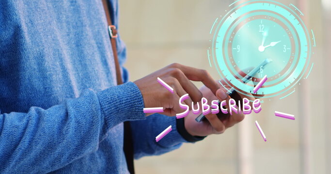 Image of clock moving and subscribe text over biracial businessman using smartphone