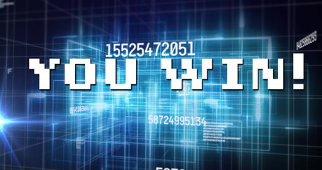 Image of you win text over data processing and light trails