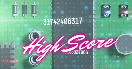 Image of high score text over data processing and computer circuit board