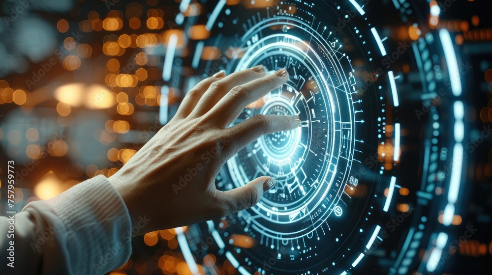 Poster a person touching a complex circular diagram on virtual screen, innovation, network, an abstract tec