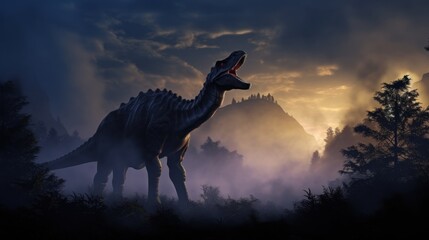 Fototapeta premium Dinosaur stands in prehistoric environment with a erupting volcano. Photorealistic.