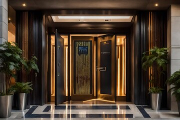 A modern hotel entrance door with a digital concierge offering immediate information and assistance. - obrazy, fototapety, plakaty