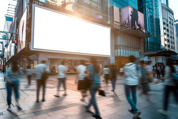 Mockup of a blank, empty billboard, facing the camera, large and busy shopping mall outside, blurred moving people