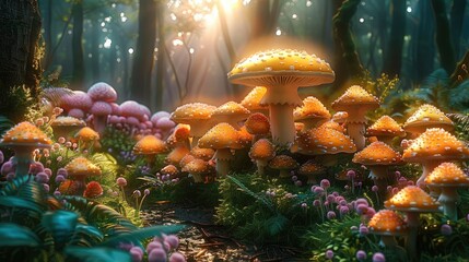 A dense green fairy forest filled pink yellow blue purple magic mushrooms, sunny day. Generative AI. - obrazy, fototapety, plakaty