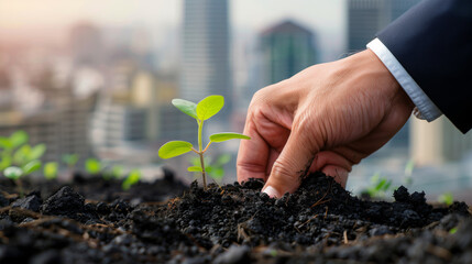 The hand of a businessman in a business suit plants small green shoots against the backdrop of the city's skyscrapers, the concept of growth in business and finance - obrazy, fototapety, plakaty