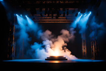 illuminated stage with blue lights and smoke