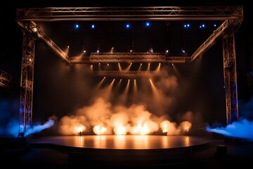 illuminated stage with blue lights and smoke