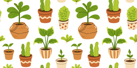 Vector seamless pattern of gardening pots and plants in pots isolated on white background. Bundle of home plants and repotting. Big set of garden elements.