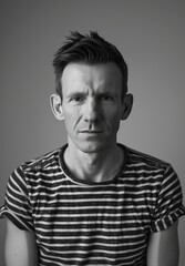 young man portrait studio shot bw in a striped T-shirt