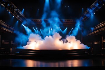 illuminated stage with blue lights and smoke