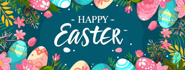 Easter sale banner template with round frame and text Happy Easter, colorful eggs and flowers background. Happy Easter special offer sale up to 75% with easter eggs, banner template for sale and promo