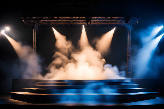 illuminated stage with blue lights and smoke