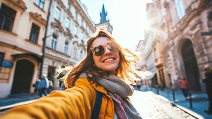 Keuken spatwand met foto Young traveler taking selfie in street with historic buildings in the city of Prague, Czech Republic in Europe. © Joyce