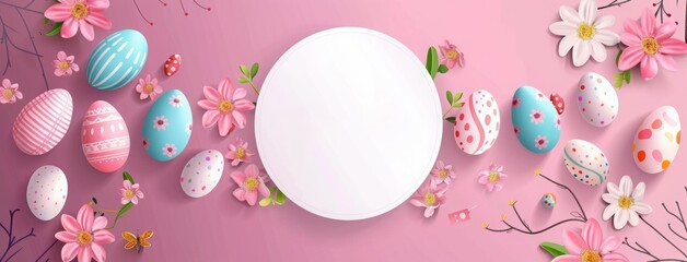 Easter sale banner template with round frame and text Happy Easter, colorful eggs and flowers background. Happy Easter special offer sale up to 75% with easter eggs, banner template for sale and promo - obrazy, fototapety, plakaty