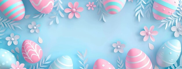 Obraz na płótnie Canvas Easter sale banner template with round frame and text Happy Easter, colorful eggs and flowers background. Happy Easter special offer sale up to 75% with easter eggs, banner template for sale and promo