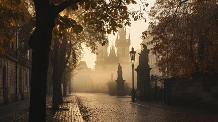 Foto op Canvas Autumn foliage with street and beautiful historical buildings of Prague city in Czech Republic in Europe. © Joyce