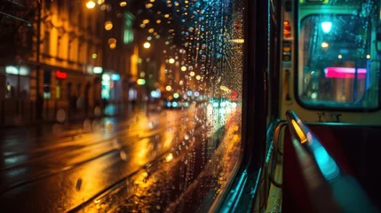 Poster View from tram window street with beautiful historical buildings of Prague city in rainy night in Czech Republic in Europe. © Joyce