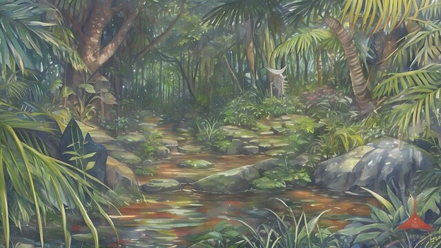 Digital painting of a tropical jungle scene. Watercolor botanical illustration. Jungle landscape in retro wallpaper style.