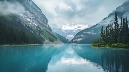 This is a beautiful landscape photo of a lake and mountains. The water is a deep blue color and the mountains are covered in snow. - obrazy, fototapety, plakaty