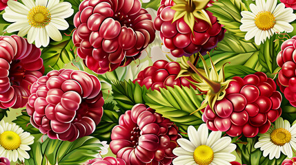 Abstract seamless pattern with red raspberry with green leaves and daisies isolated on white background. Close-up.