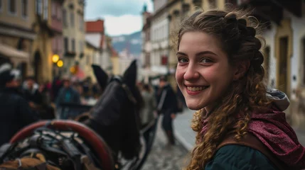 Gordijnen Lifestyle portrait of a beautiful Medieval lady in Prague city in Czech Republic in Europe. © Joyce