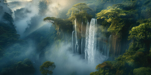 A high waterfall with lush greenery. Misty clouds cross the landscape. Generative AI. - obrazy, fototapety, plakaty