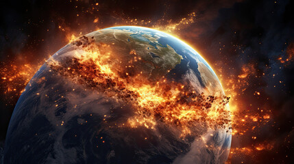 The earth bursts with fire from space - obrazy, fototapety, plakaty
