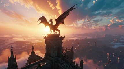 A dragon stand resting with its wings folded on top of a medieval castle at sunrise.