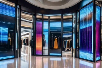 A futuristic sliding door of a retail mall, displaying the most recent fashion trends through...
