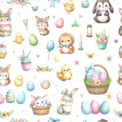 Vector seamless watercolor pattern of cute easter clipart. Pattern for printing on textiles, paper, packaging, wallpaper.