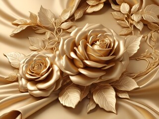 Beautiful 3D background decorations in the form of golden roses and a luxurious silk background print