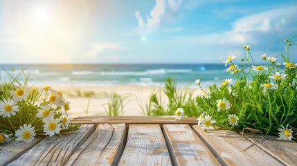 Photo sur Plexiglas Descente vers la plage Chamomile flowers by a wooden boardwalk leading to the ocean, perfect for summer and travel visuals, emphasizing tranquility and natural beauty.