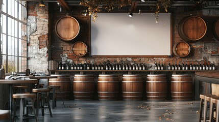 The blank poster mockup in the interior of winery restaurant, wine bottles and wooden barrels, loft interior. Generative AI.