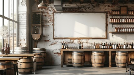 The blank poster mockup in the interior of winery restaurant, wine bottles and wooden barrels, loft interior. Generative AI.