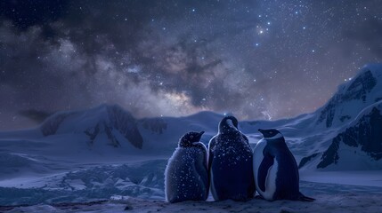 星空を見上げるペンギンの親子