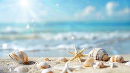Bright sunlight reflects off seashells and starfish on a sandy beach, portraying a dreamy summer scene suitable for backgrounds and seasonal themes. - obrazy, fototapety, plakaty