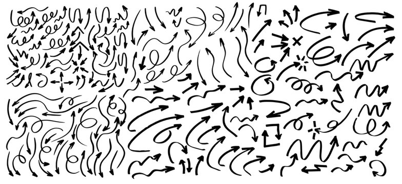 Set grande de marcas de rotulador de formas de flechas con trazos sueltos, recurso de dise&ntilde;o con trazos reales sueltos y energicos de flechas variadas formando ondas, giros...