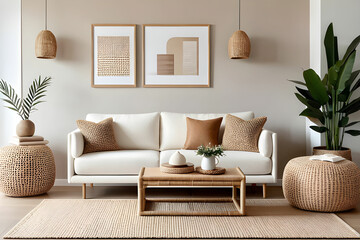 Interior design of living room interior with mock up poster frame, boucle sofa, wooden coffee table, white pouf, rattan sideboard, beige rug, slippers and personal accessories. Home decor. Template.