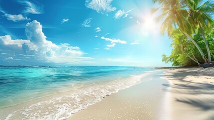 Shimmering white sands and turquoise waters of a tropical seashore framed by lush palm trees,...