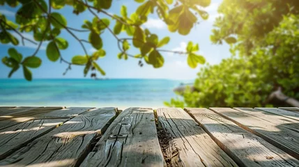 Tableaux sur verre Descente vers la plage Secluded beach scenery viewed from a wooden boardwalk under the shade of tropical foliage, ideal for evoking escape and tranquility. Great for nature and travel themes