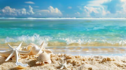 Starfish and seashells grace the sandy shore, capturing the essence of summer beach escapes, ideal for themes of vacation and relaxation, with a serene sea backdrop.