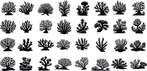 Black coral reef silhouettes, diverse coral shapes, sizes, underwater marine life, ideal coral reef vector  for aquatic, environmental designs,  natural formations