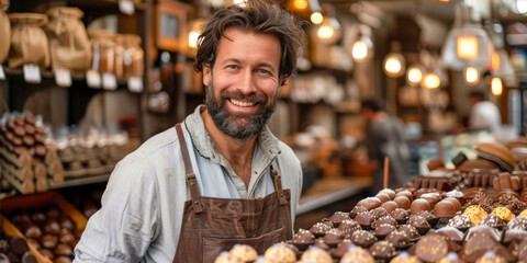 A man with a beaming smile is seen holding a box of chocolates in a store. The man appears to be a bearded chocolate artisan, showcasing his handmade chocolates to potential customers