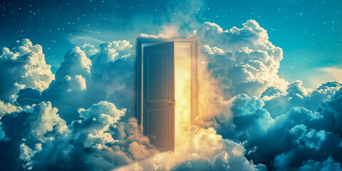 A open door pierces through the sky, surrounded by a sea of fluffy white clouds. The door stands prominently against the backdrop of the heavens