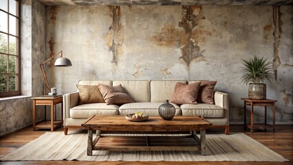 Vintage sofa and rustic coffee table against grunge stucco wall