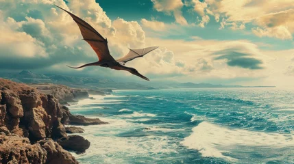 Foto op Canvas Flying dinosaur, Pterodactyl, flying high in sky over sea coast. Photorealistic. © Joyce