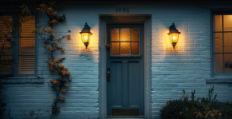 A gold electric light lantern on the exterior of a newly painted and renovated white brick house in...