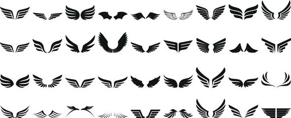 wing silhouette vector set, angel or bird wings. Ideal wing vector for logo design, tattoos, decals. Highly detailed, customizable, various designs on white background - obrazy, fototapety, plakaty