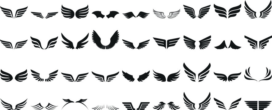 wing silhouette vector set, angel or bird wings. Ideal wing vector for logo design, tattoos, decals. Highly detailed, customizable, various designs on white background